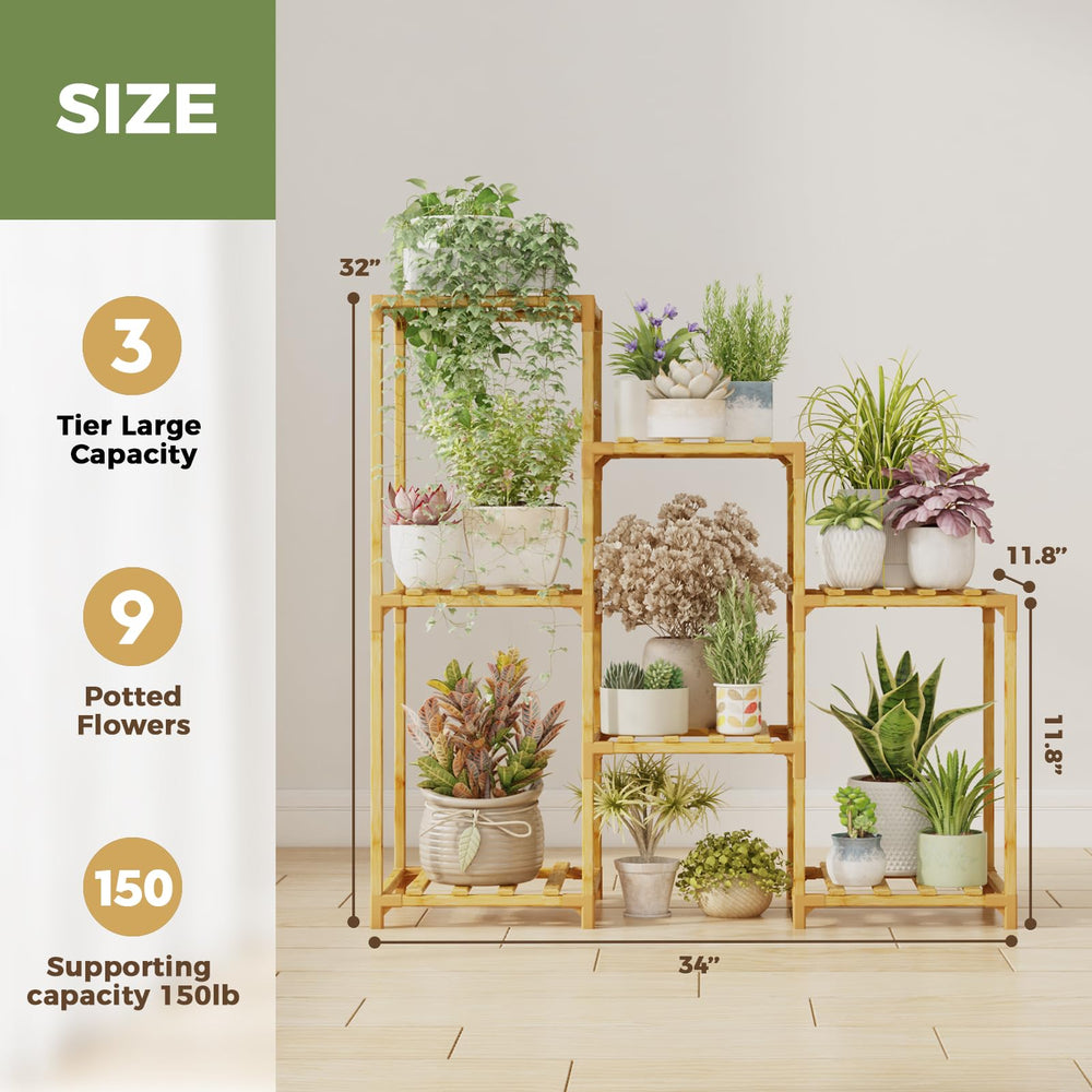 Bamworld plant stand with seven pots for scale demonstrating compact footprint