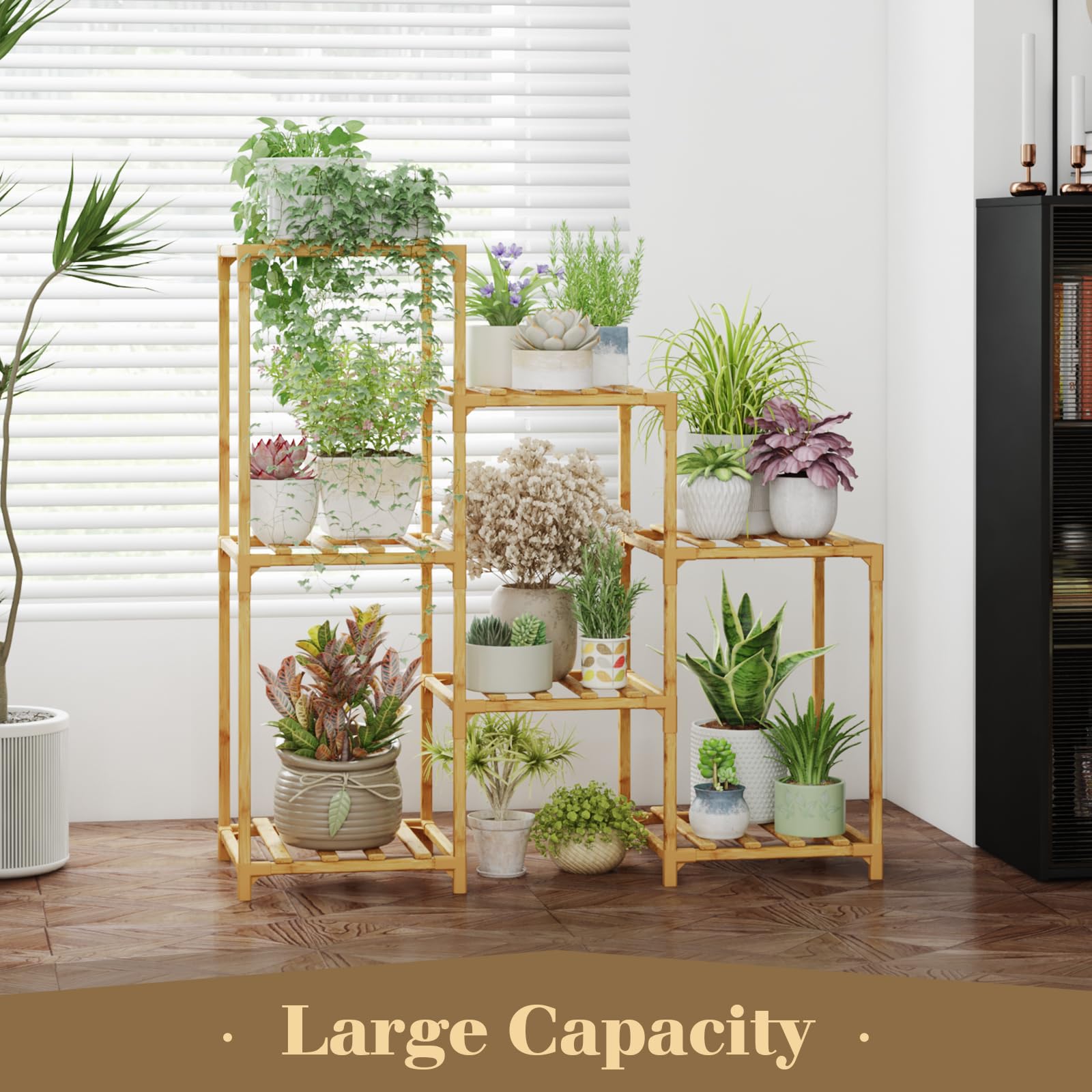 Bamworld close-up of bamboo shelf texture and wide 11.8-inch platform for pots