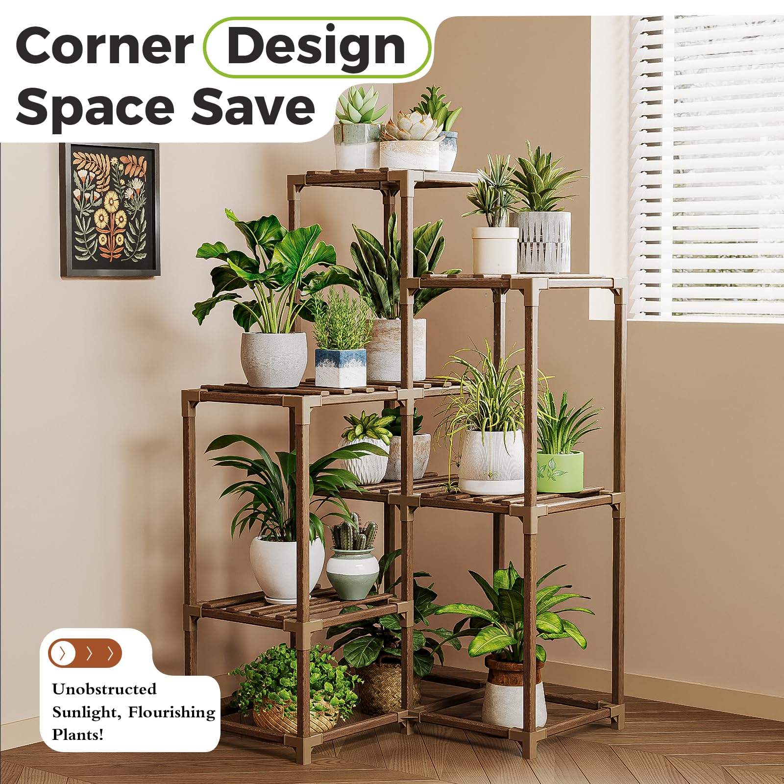 Bamworld plant stand placed in a living room corner maximizing floor space and display