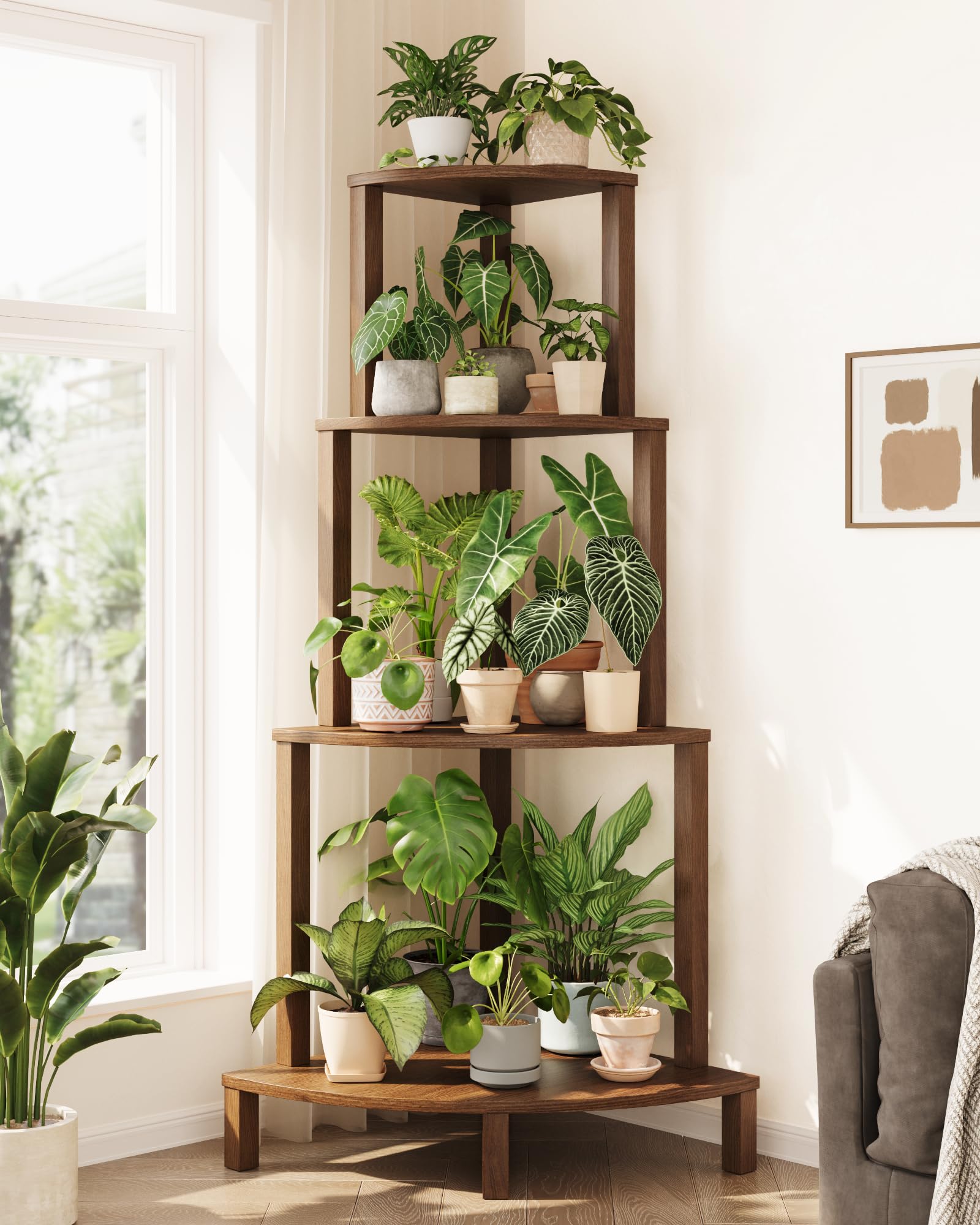 Bamworld front view of four-tier corner plant shelf showing tidy multi-pot display and space saving