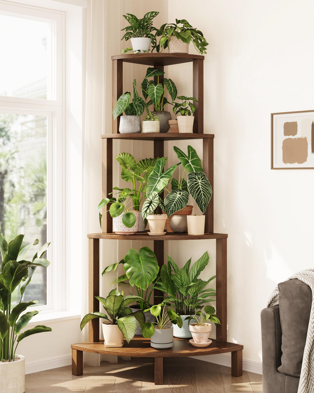 Bamworld front view of four-tier corner plant shelf showing tidy multi-pot display and space saving