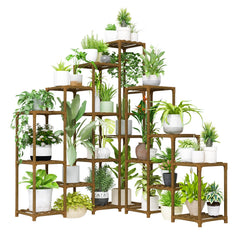 Bamworld corner plant shelf front view showing vertical 16-pot display benefit