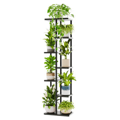 Bamworld front view of 7-tier corner plant stand showing vertical display benefit