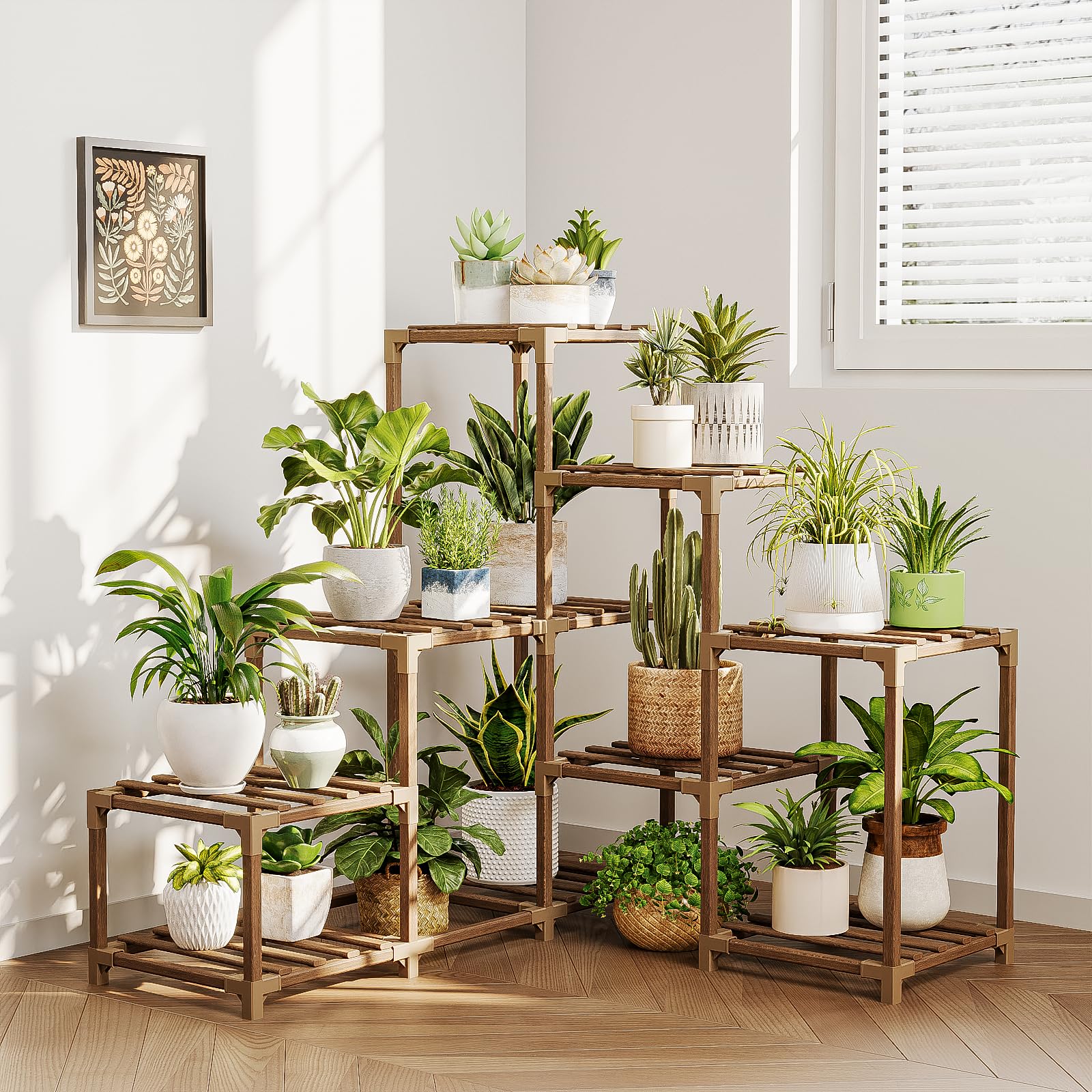 Bamworld plant stand front view showing multi-tier display and neat corner save