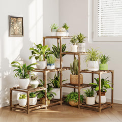 Bamworld plant stand front view showing multi-tier display and neat corner save