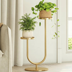 Bamworld front view showing two-tier corner plant stand and sleek black finish benefit space-saving display