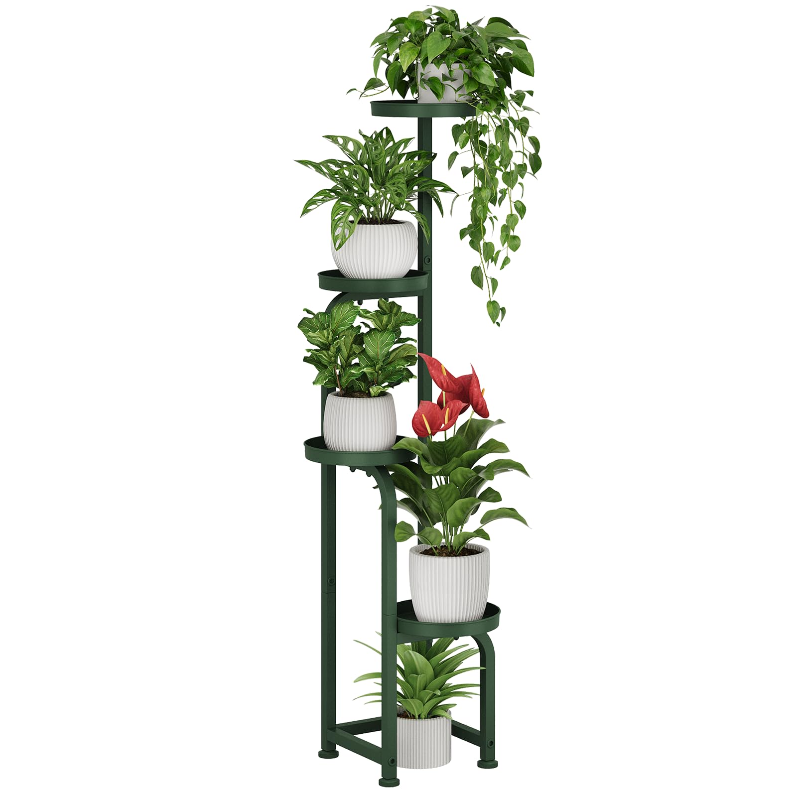 Bamworld front view showing tall four-tier metal plant stand benefit organized display