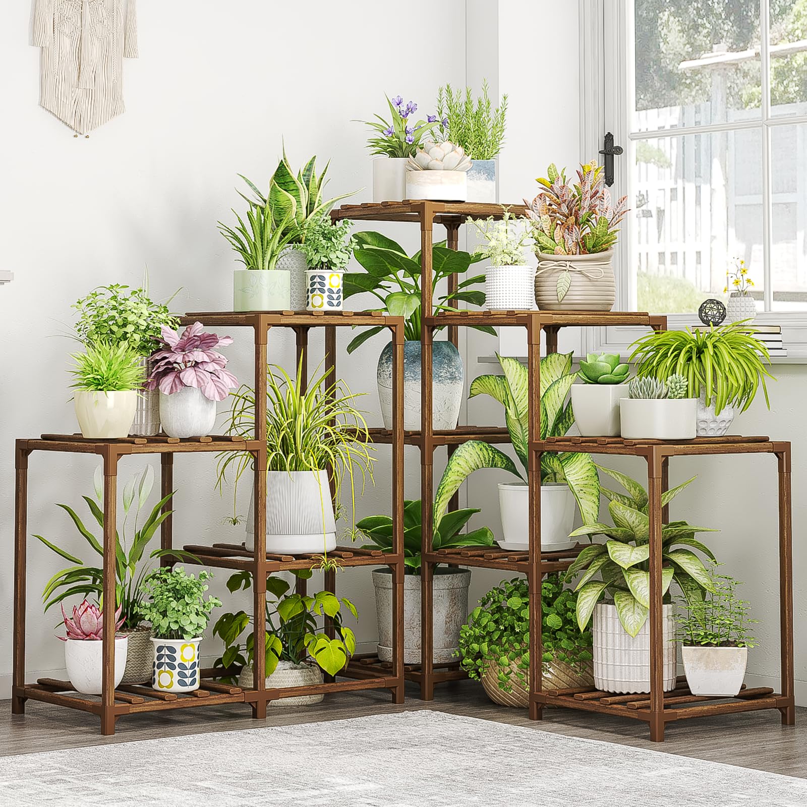 Bamworld front view of corner plant stand showing clean multi-tiered display benefit