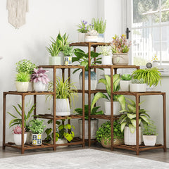Bamworld front view of corner plant stand showing clean multi-tiered display benefit