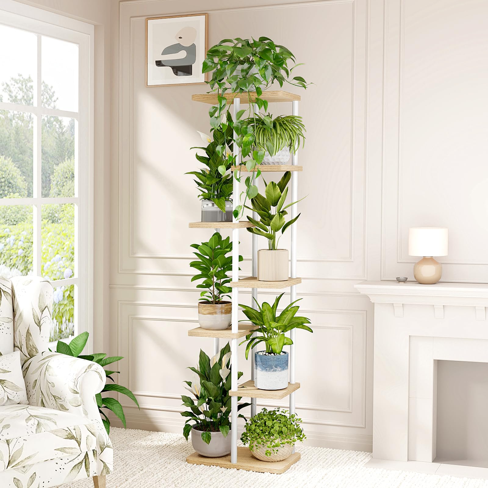 Bamworld plant stand placed in a corner maximizes space and brightens room