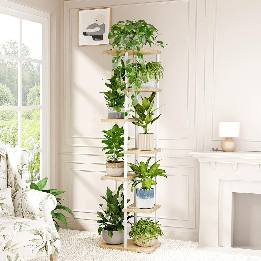 Bamworld plant stand placed in a corner maximizes space and brightens room