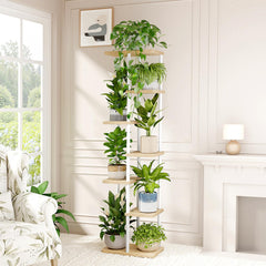 Bamworld plant stand placed in a corner maximizes space and brightens room