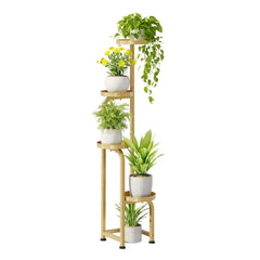 Bamworld front view of corner plant stand showing compact vertical footprint and neat display
