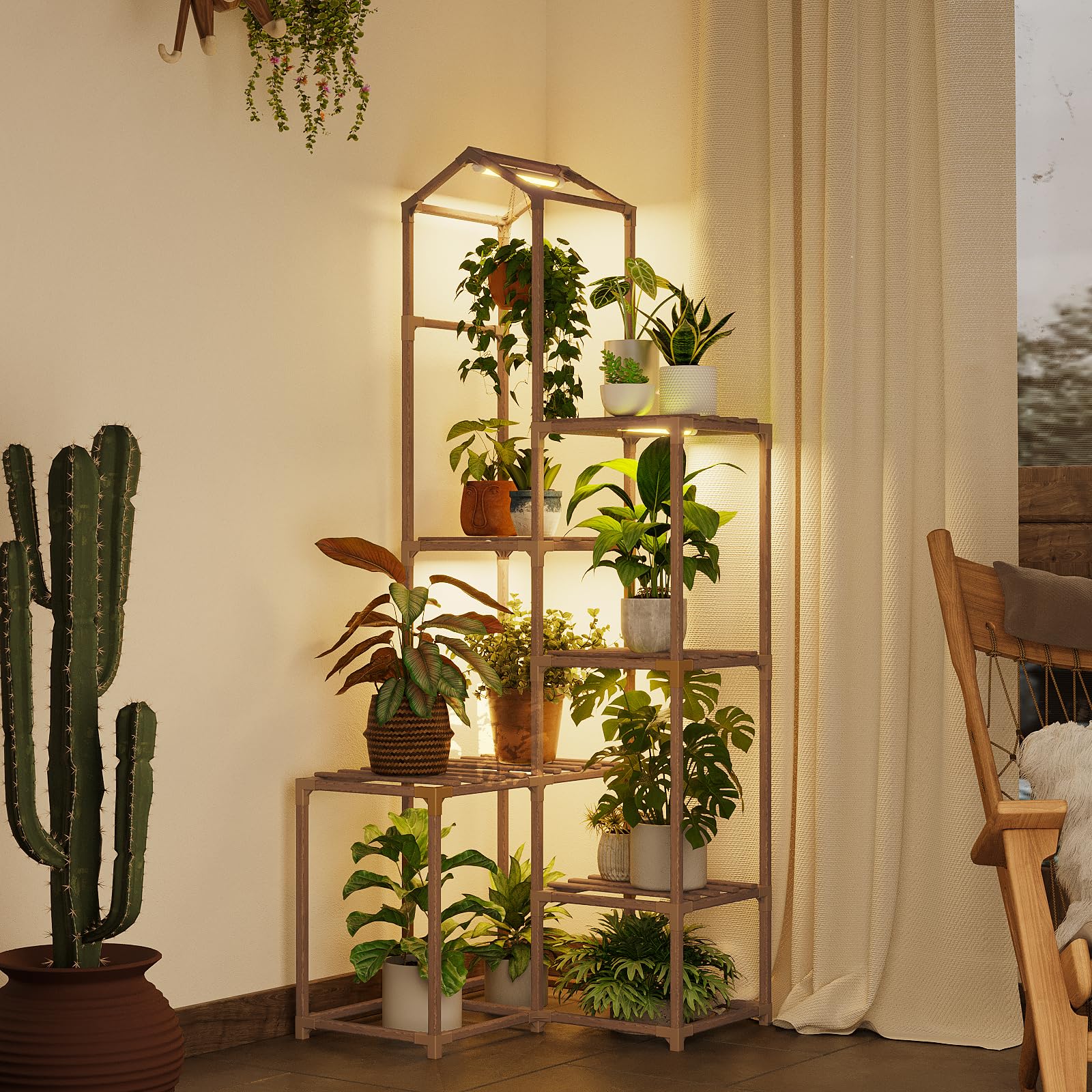 Bamworld estantería frontal mostrando plantas y luz integrada, mejora la exhibición