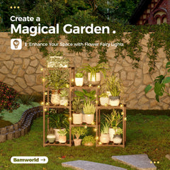 Bamworld flower fairy lights detail lit on shelf, creates cozy ambient lighting