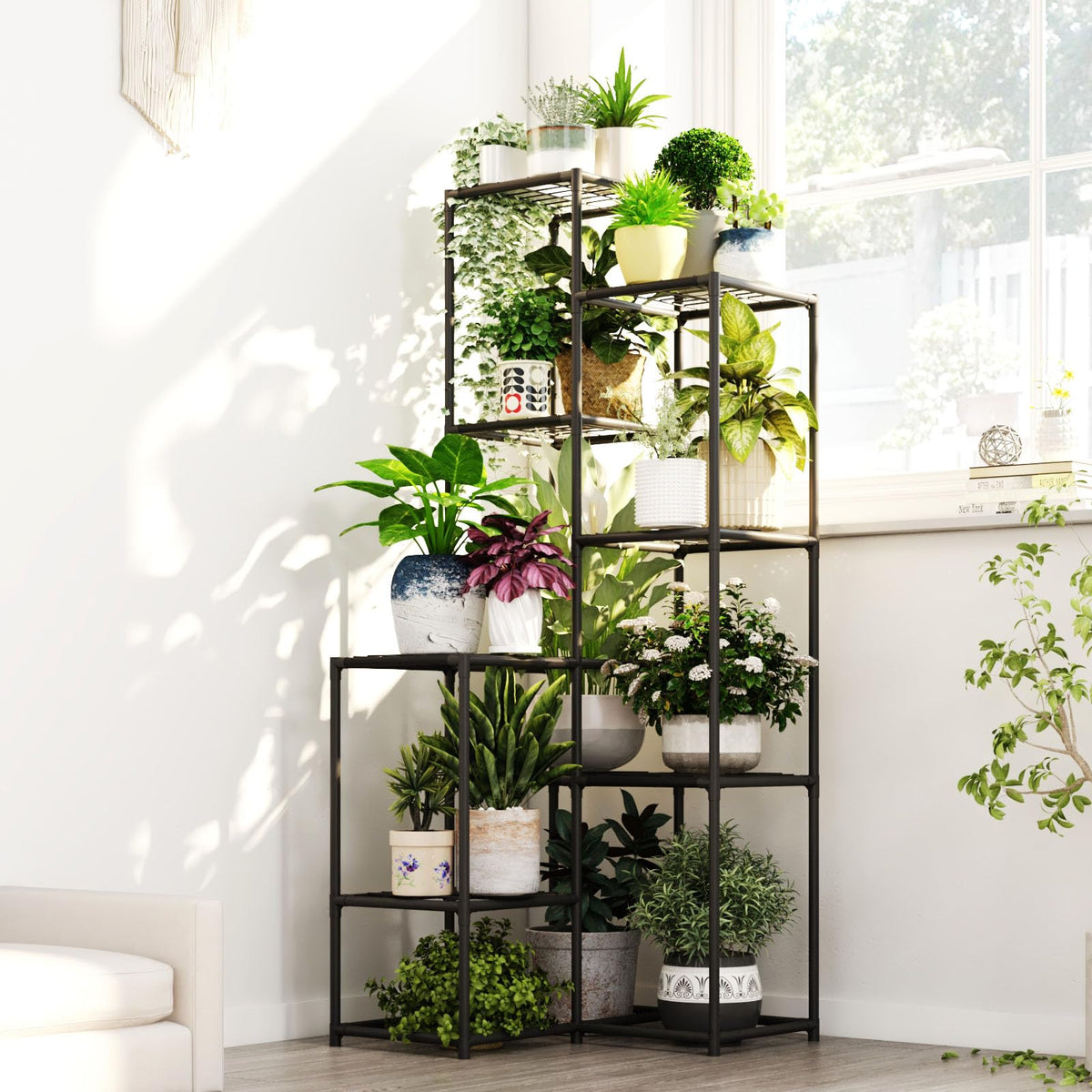 Bamworld plant stand front angle showing corner fit and vertical display benefit