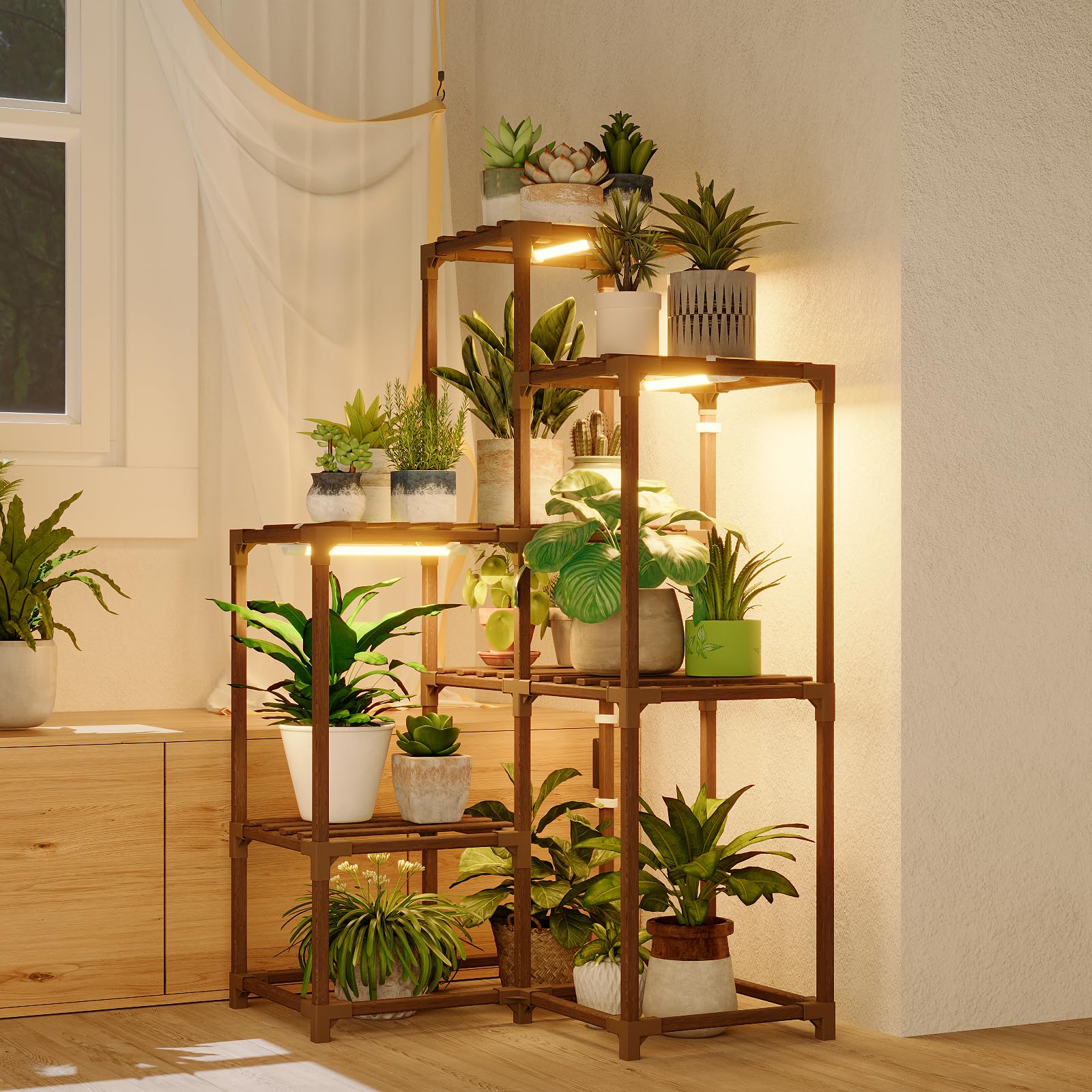 Bamworld corner stand front view showing plants and grow light benefits