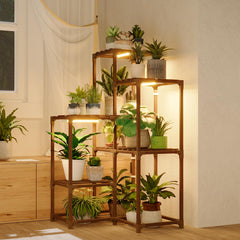 Bamworld corner stand front view showing plants and grow light benefits