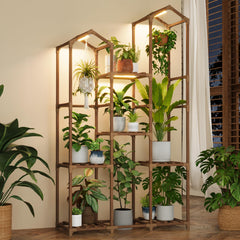Bamworld front view showing tall corner plant shelf and warm light for stylish display