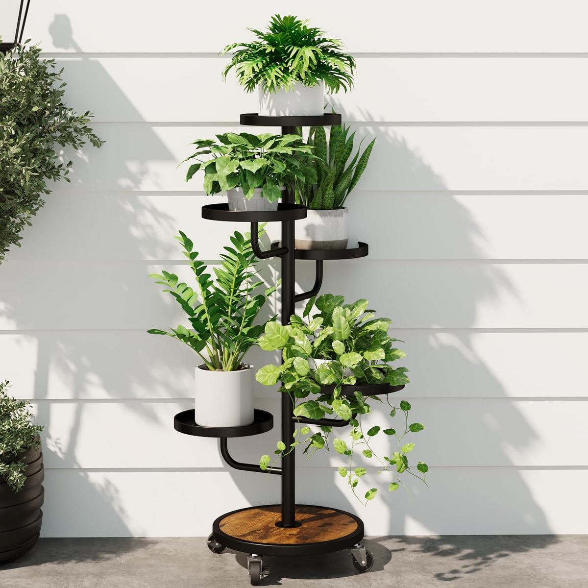 Bamworld front view of assembled stand showing sleek black design and stable tiers