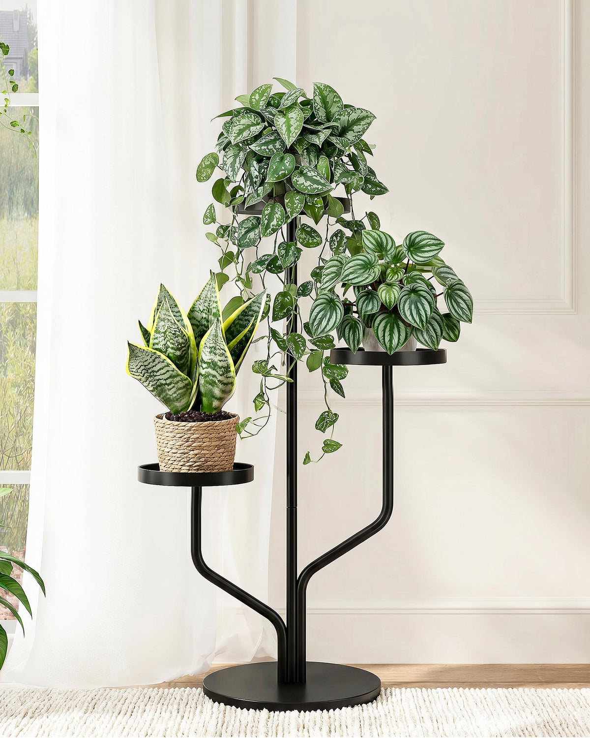 Bamworld front view of 3-tier plant stand showing compact vertical display and space saving
