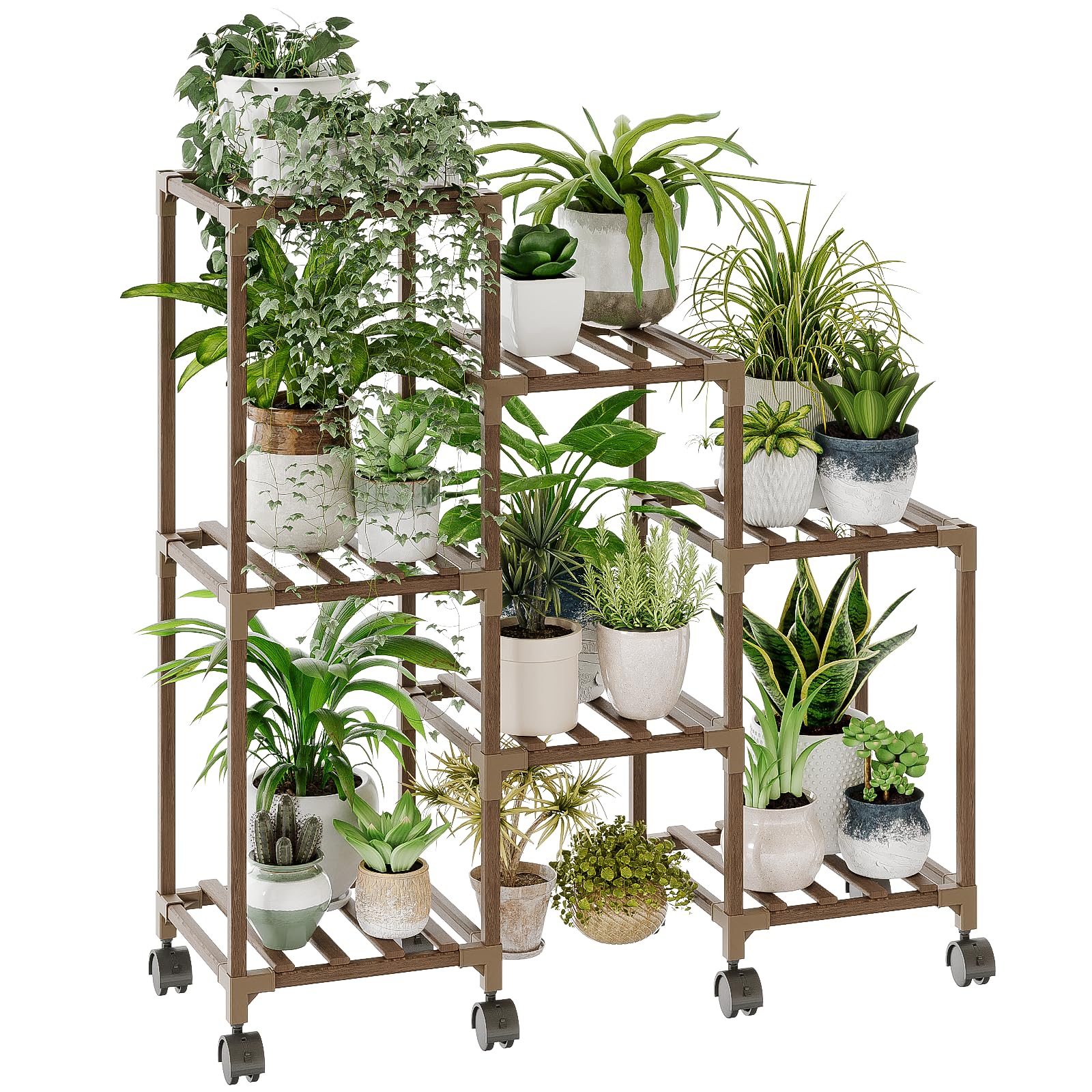 Bamworld front view 3-tier plant stand showing organized seven-pot display and mobility