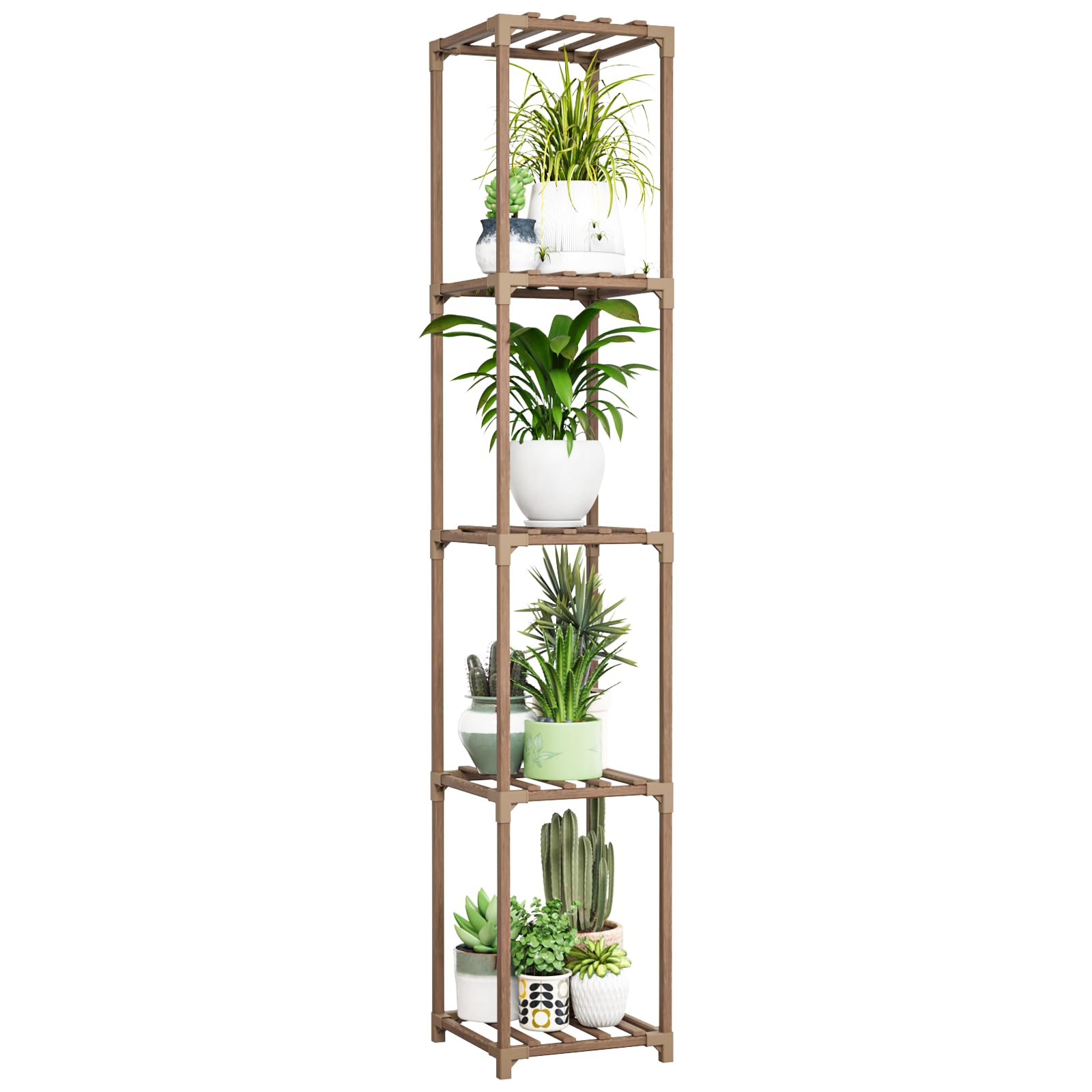 Bamworld front view of 5-tier plant stand showing organized plant display and stable shelves