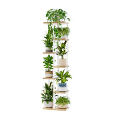 Bamworld front view of 7-tier white plant stand showing clean vertical display