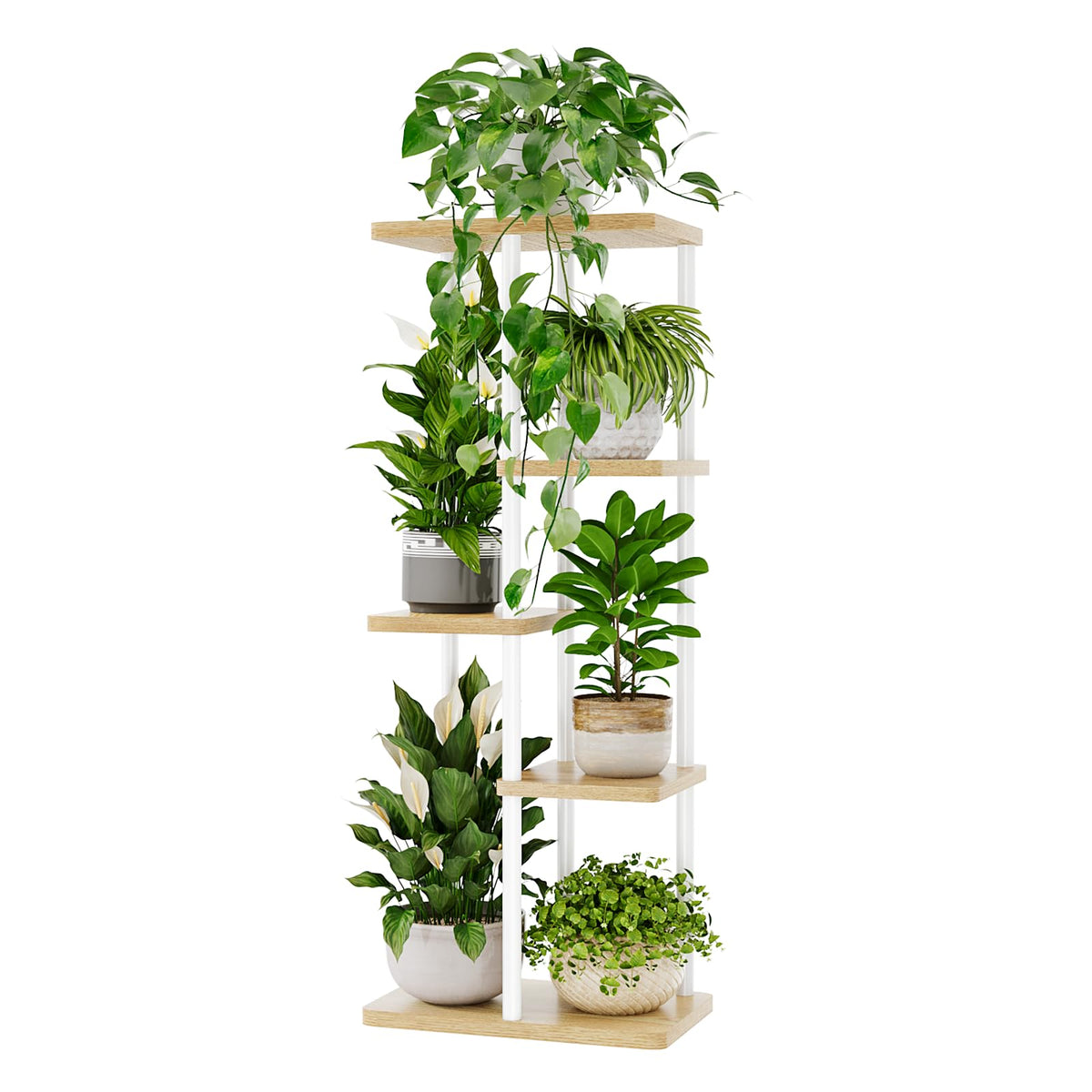 Bamworld front view corner plant stand showing organized plants and space savings