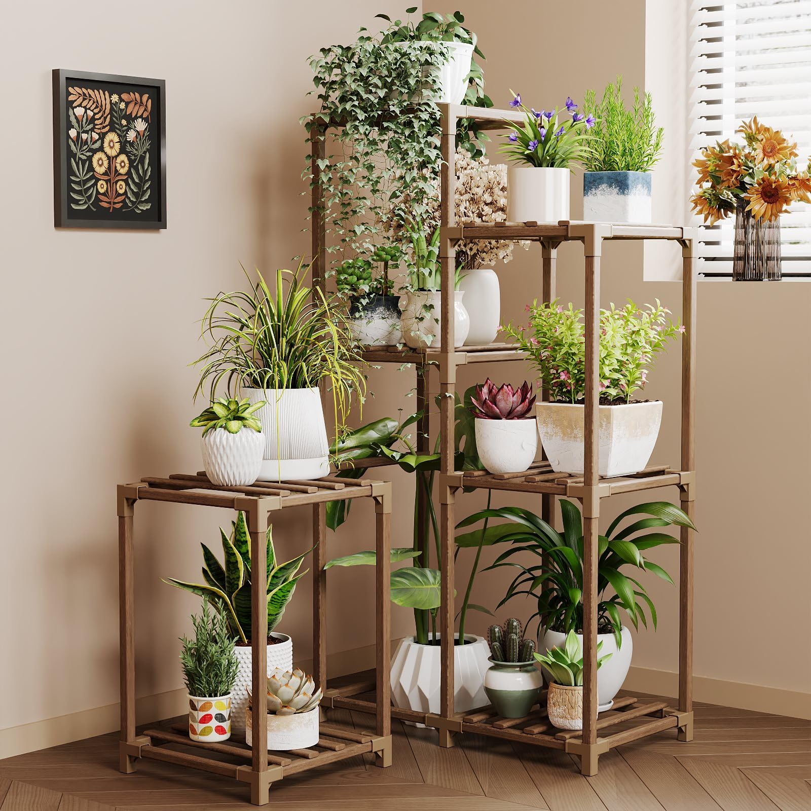 Bamworld front view corner plant stand shows organized vertical display and space-saving benefit