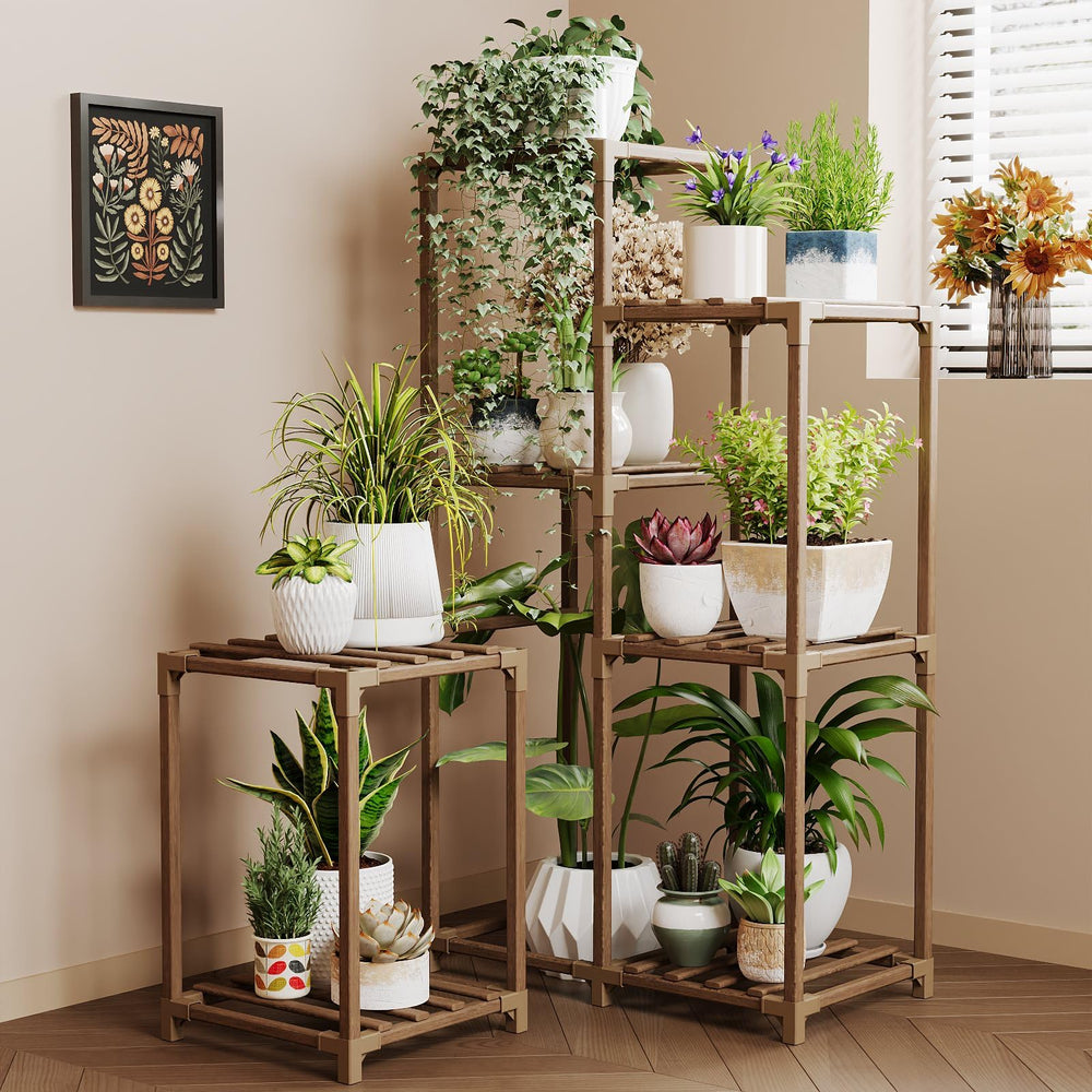 Bamworld front view corner plant stand shows organized vertical display and space-saving benefit