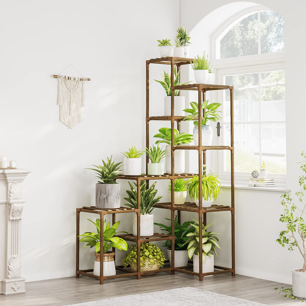 Bamworld front view of corner plant stand showing tidy multi-tier display and space saving