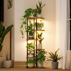 Bamworld front view of 6-tier plant shelf showing organized plants and space-saving benefit