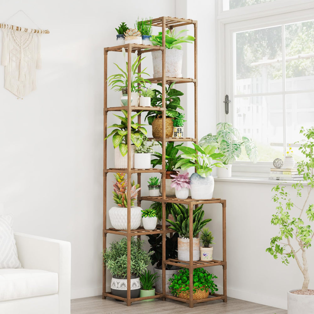 Bamworld front view showing full tall plant shelf and organized pots benefit: space saving