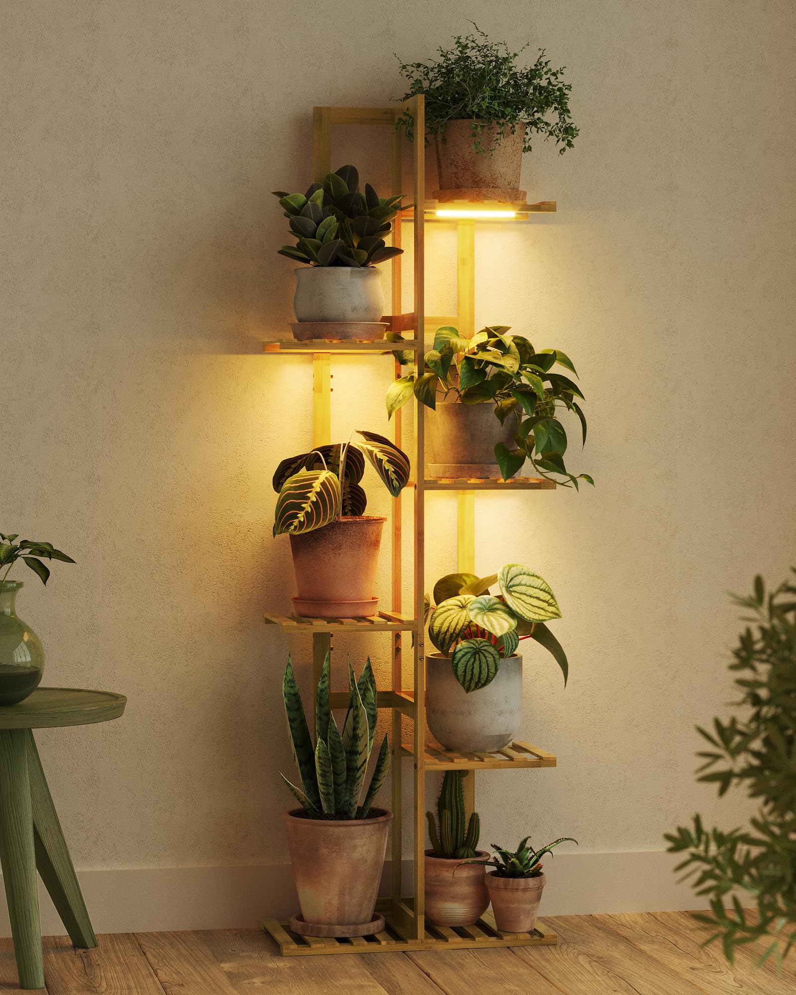 Bamworld front view showing six-tier bamboo plant stand and grow light, displays many plants neatly