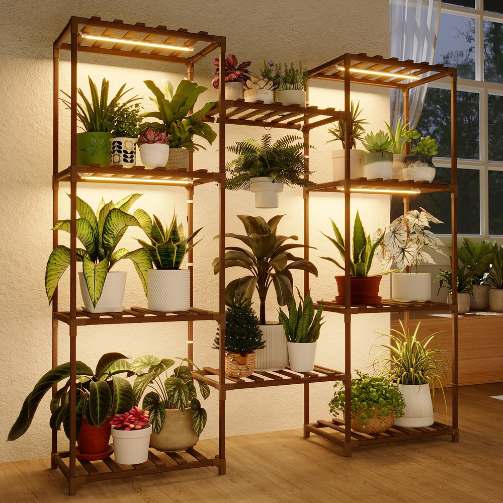 Bamworld front view plant stand showing ten shelves and tidy plant display benefiting space-saving