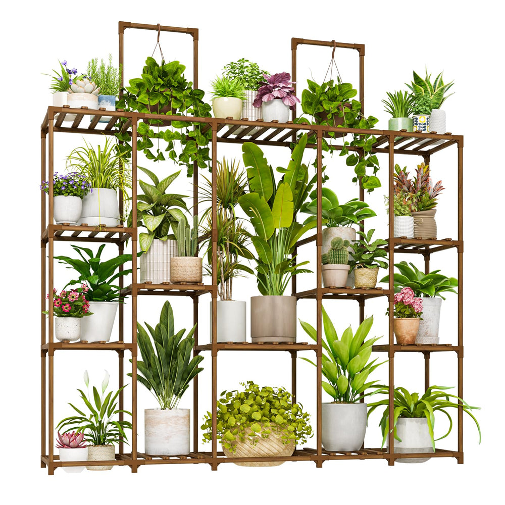 Bamworld front view of tall plant stand displaying many pots and maximizing space
