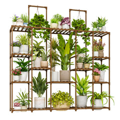 Bamworld front view of tall plant stand displaying many pots and maximizing space