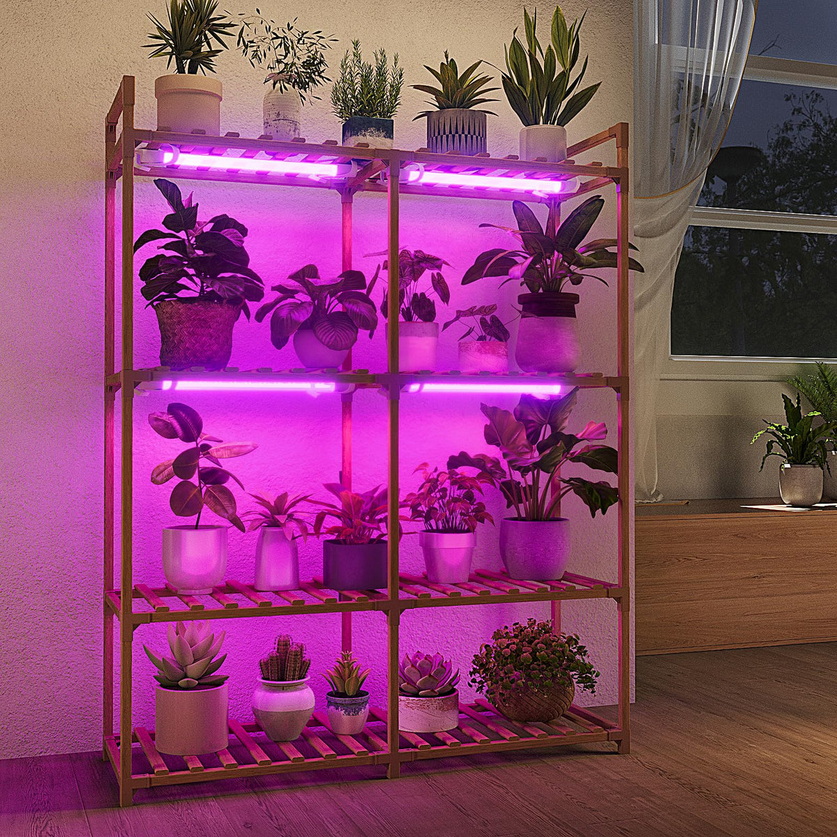 Bamworld front view of 4-tier plant stand showing space-saving benefit