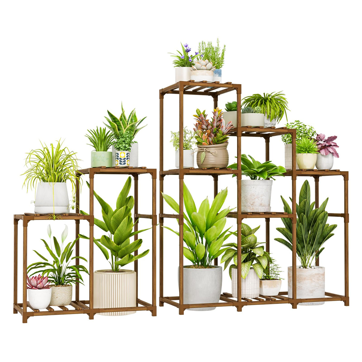 Bamworld front view of both shelves showing multi-tiered plant display and space saving