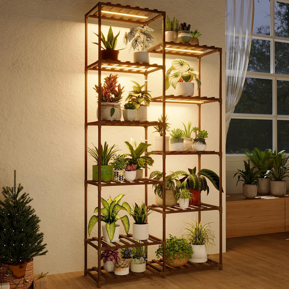 Bamworld front view showing tall plant stand and organized pots for space-saving display
