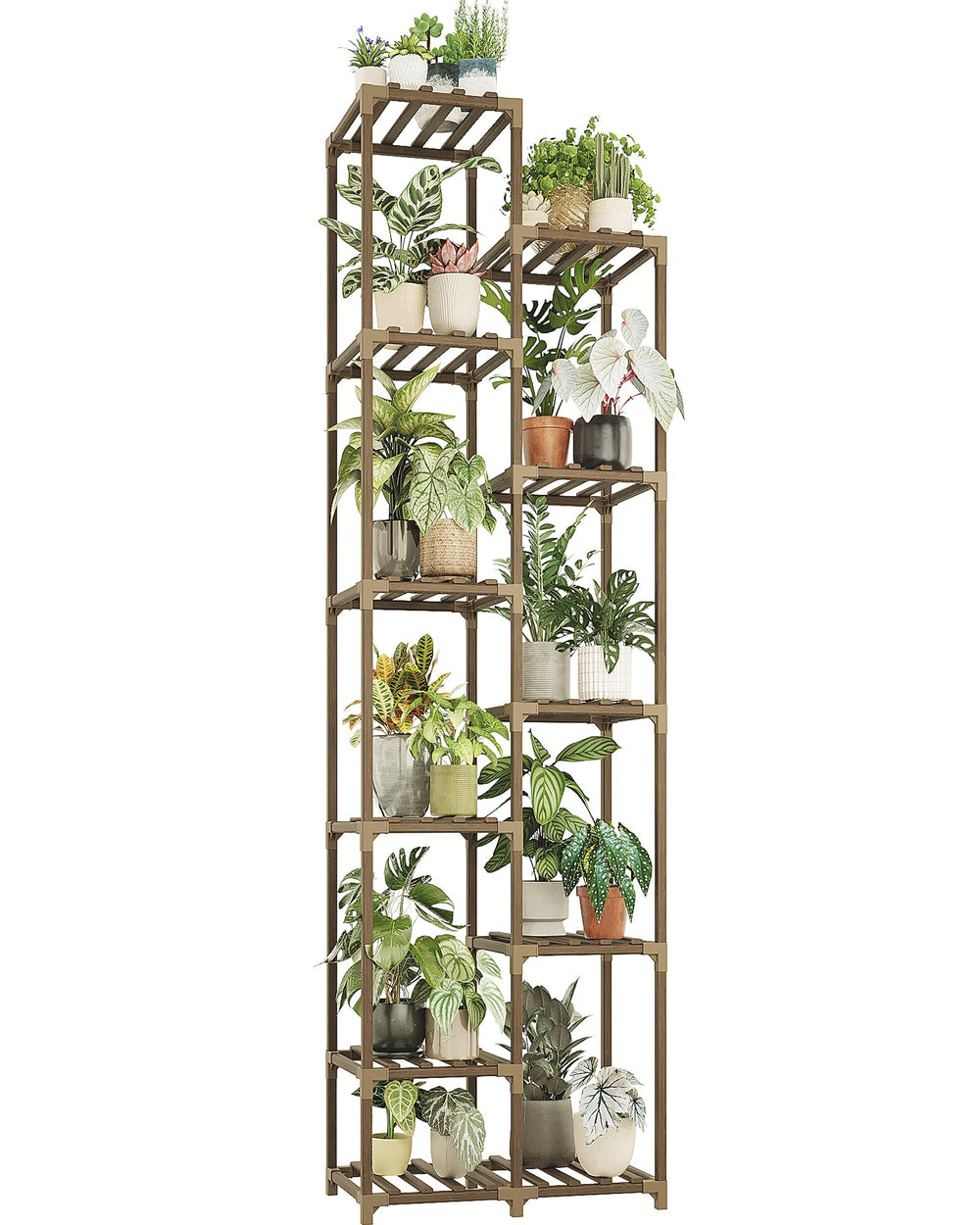 Bamworld front view of tall 11-tier plant stand showing vertical display benefit
