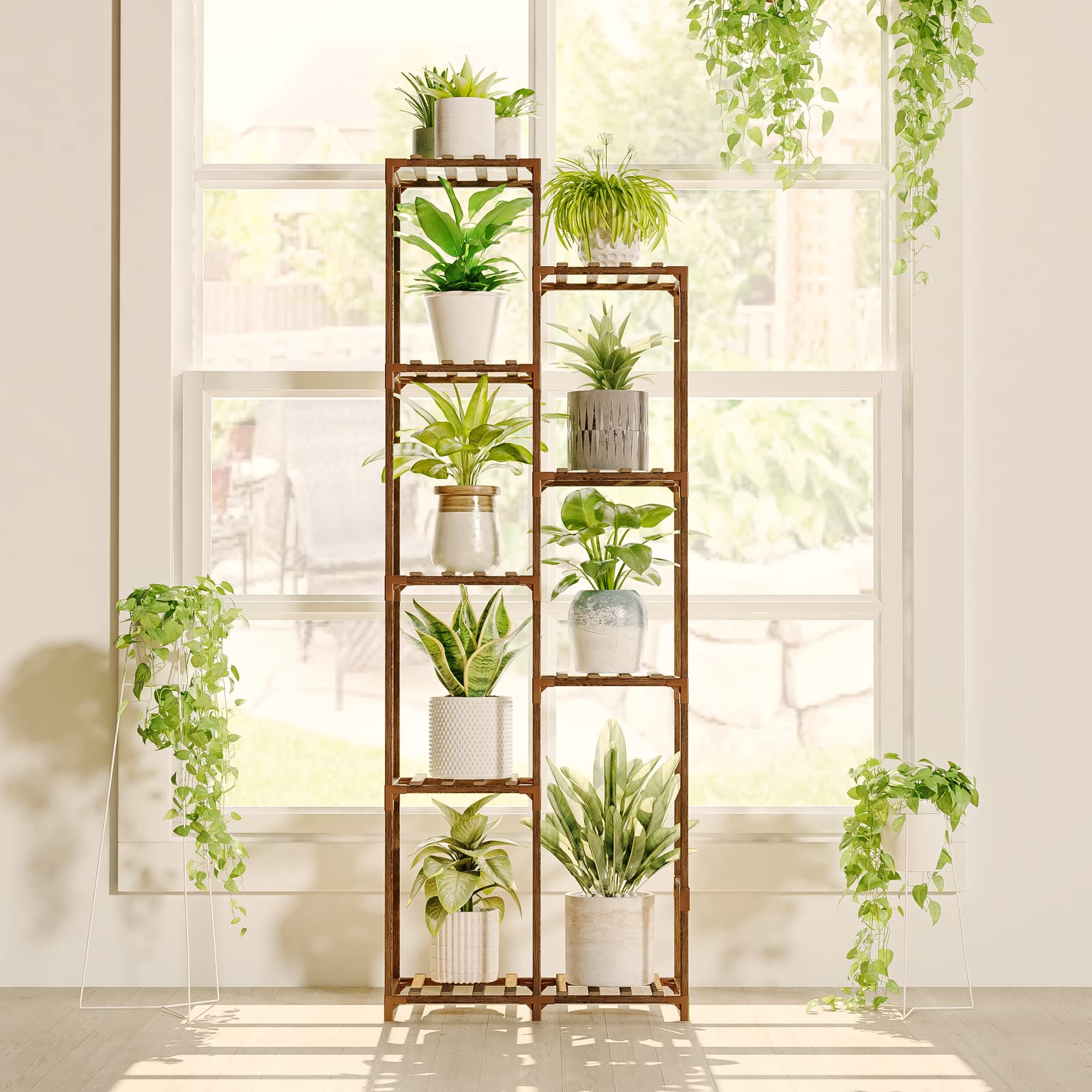 Bamworld front view of tall plant stand shows vertical storage benefit