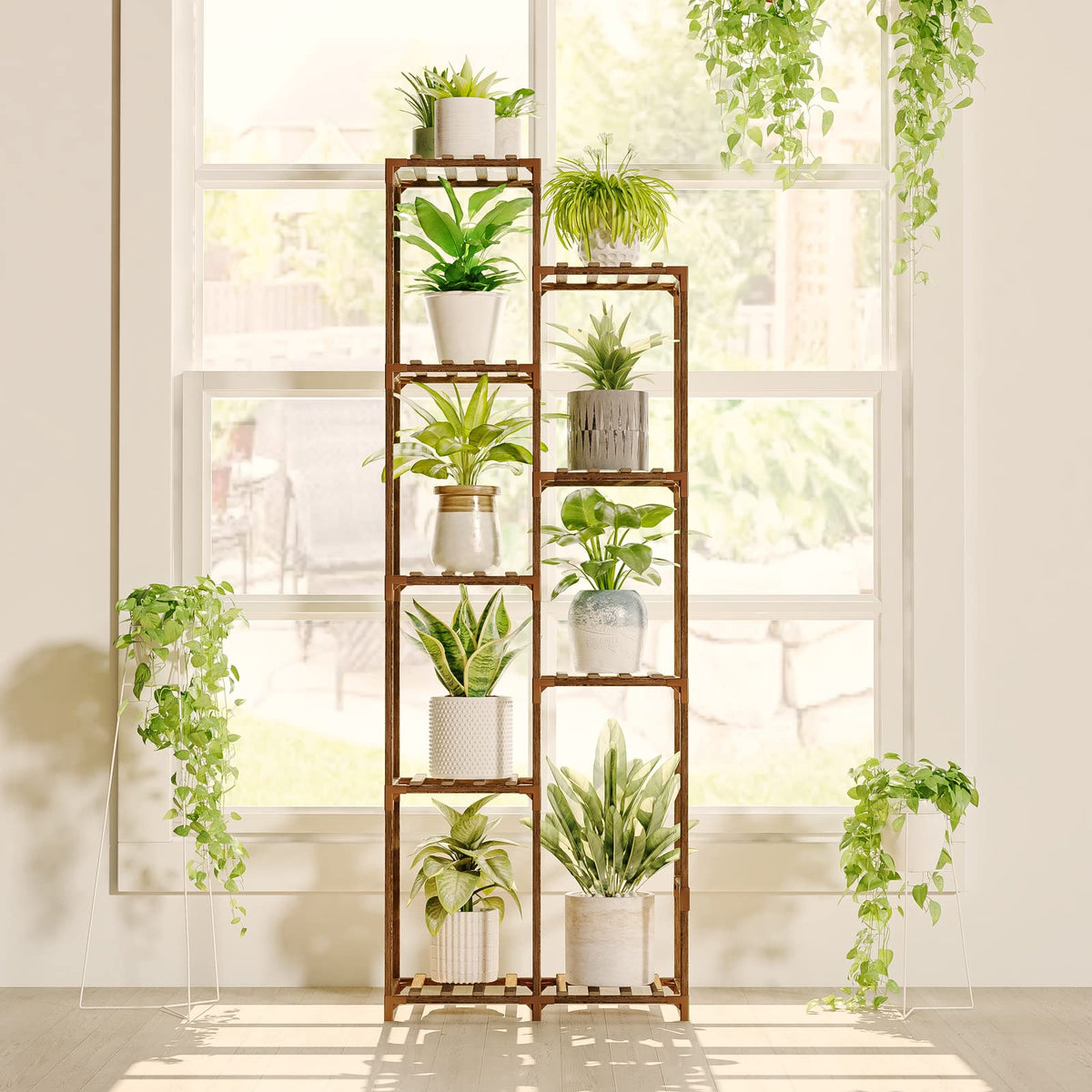Bamworld front view of tall plant stand shows vertical storage benefit