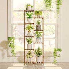 Bamworld front view of tall plant stand shows vertical storage benefit