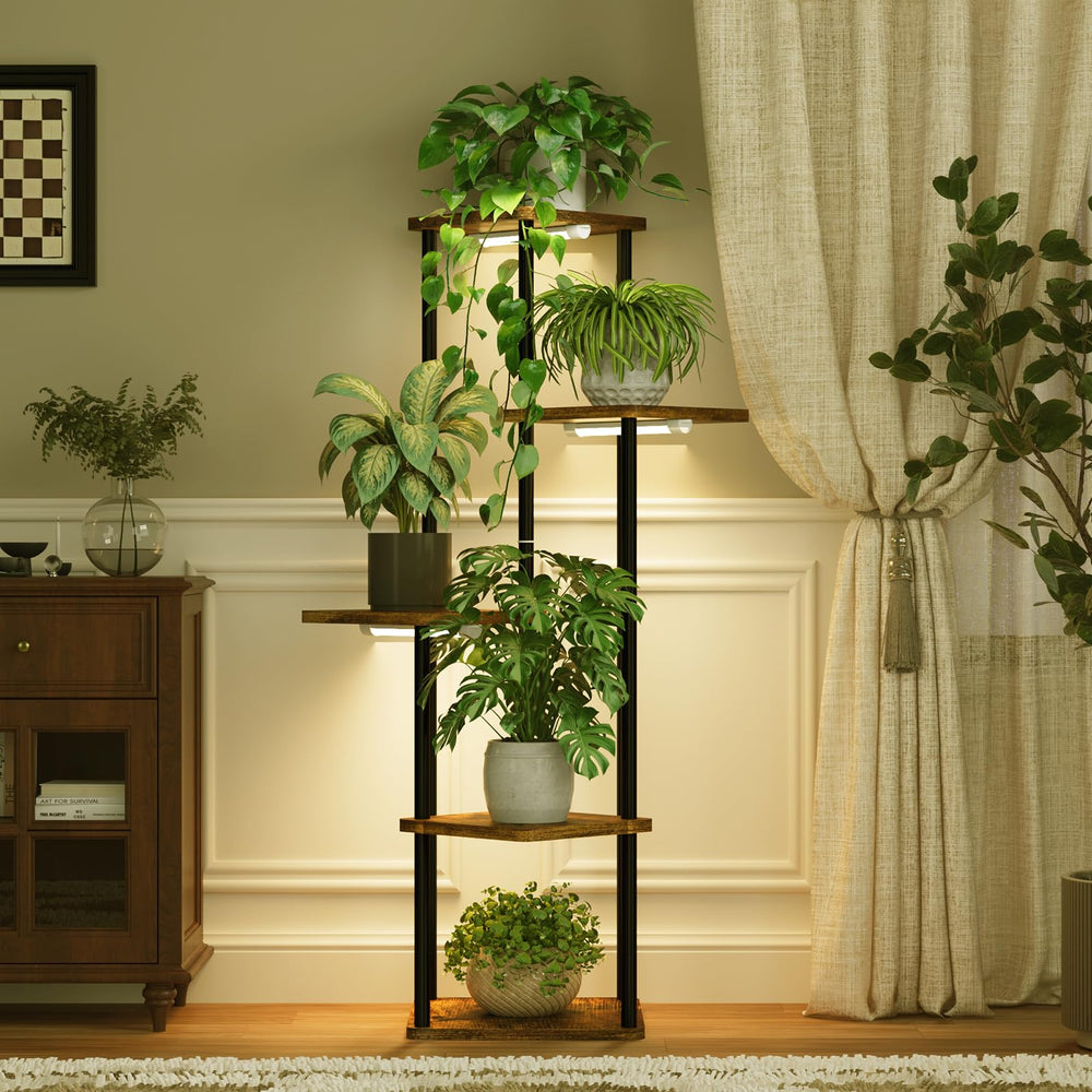 Bamworld front view of tall plant stand showing tiered shelves and grow lights, maximizes vertical space