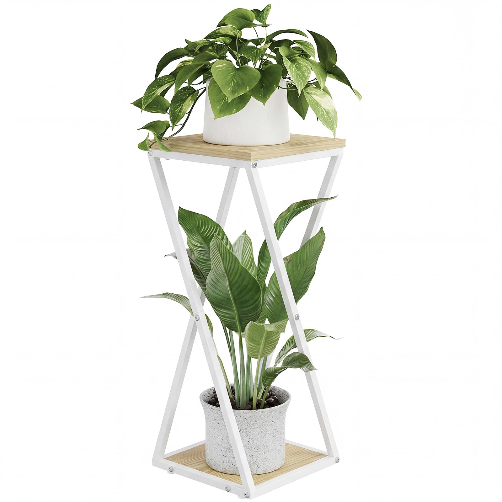 Bamworld front view tall plant stand showing tiered display and white finish, enhances room organization