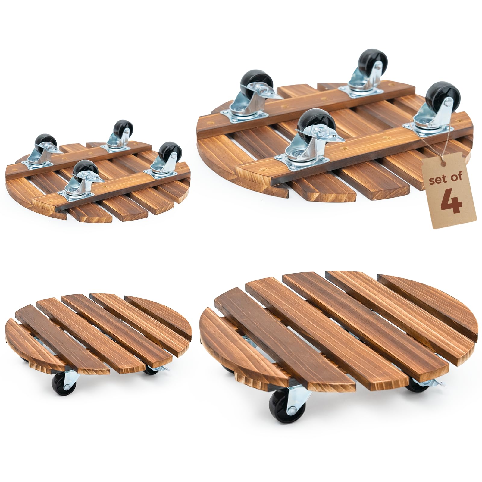 Bamworld front view of wood plant caddy showing stable base and wheels for easy mobility