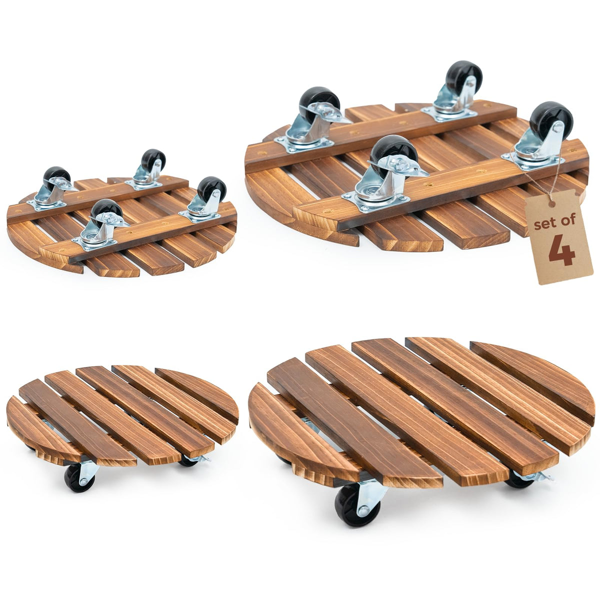 Bamworld front view of wood plant caddy showing stable base and wheels for easy mobility