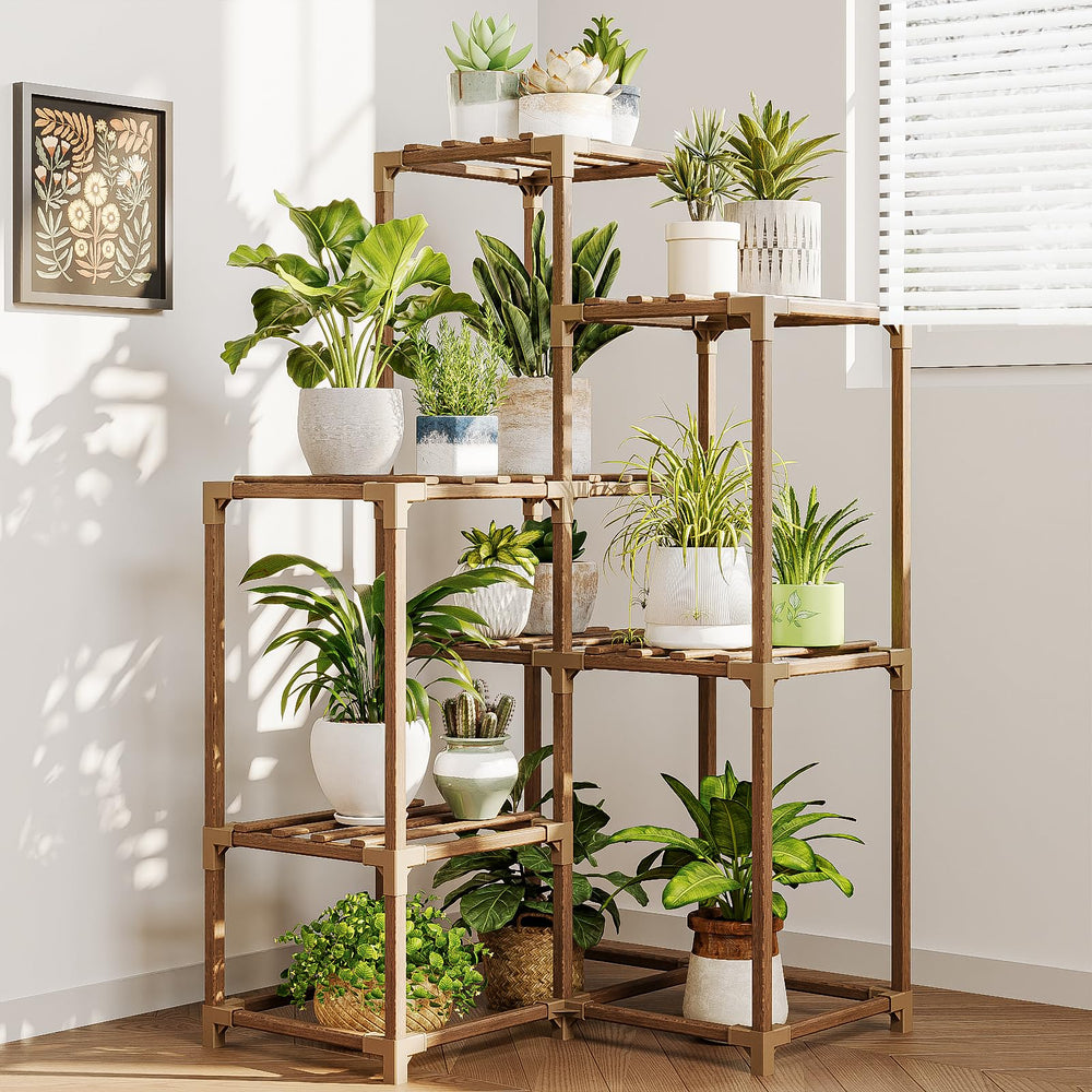 Bamworld front view of seven-shelf stand showing stable corner design and space savings
